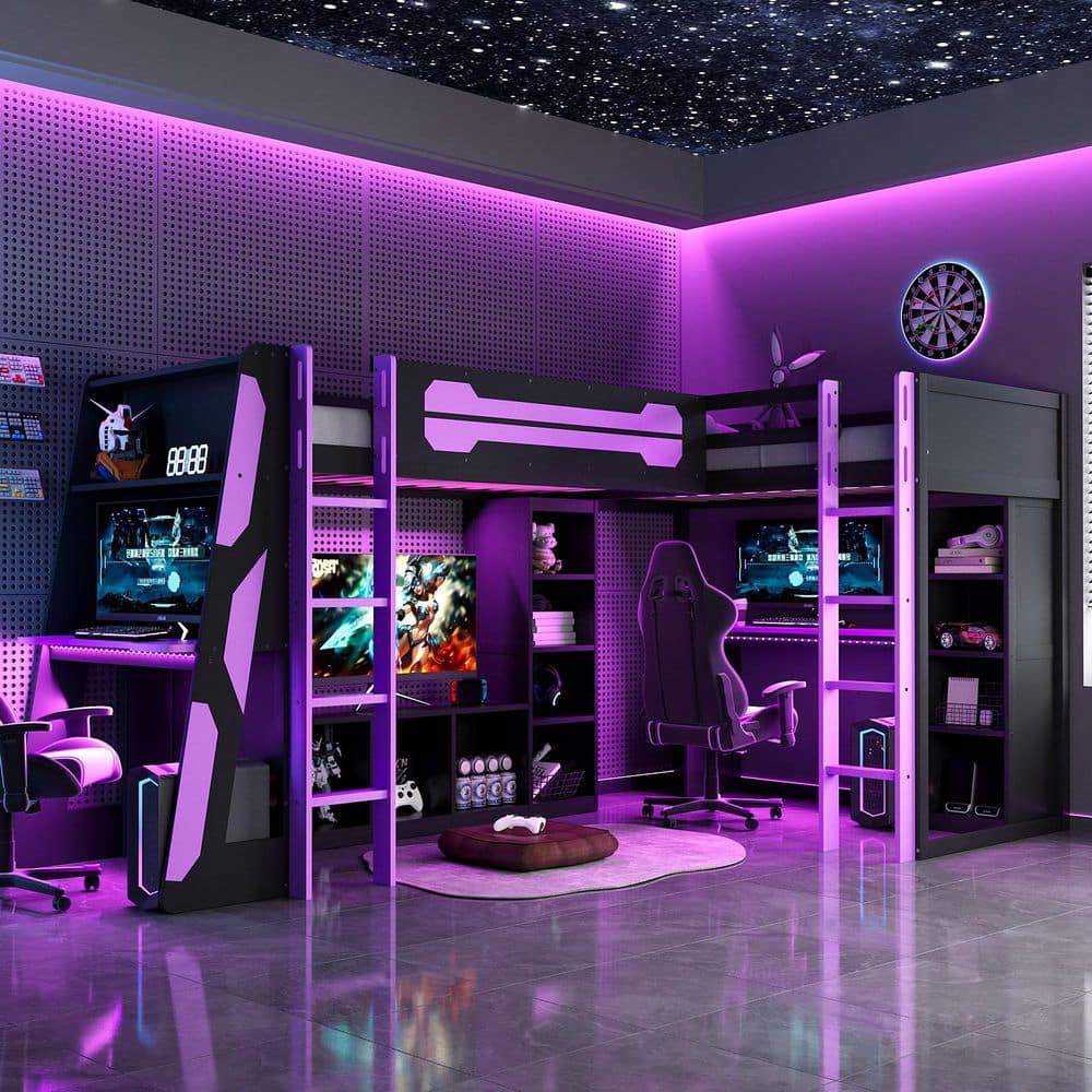 Purple Twin MDF Wood Loft Bed with RGB LED Lights,Dual Beds