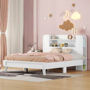 White Wood Frame Full Size Platform Bed with Storage Headboard and Multiple Storage Shelves on Both Sides