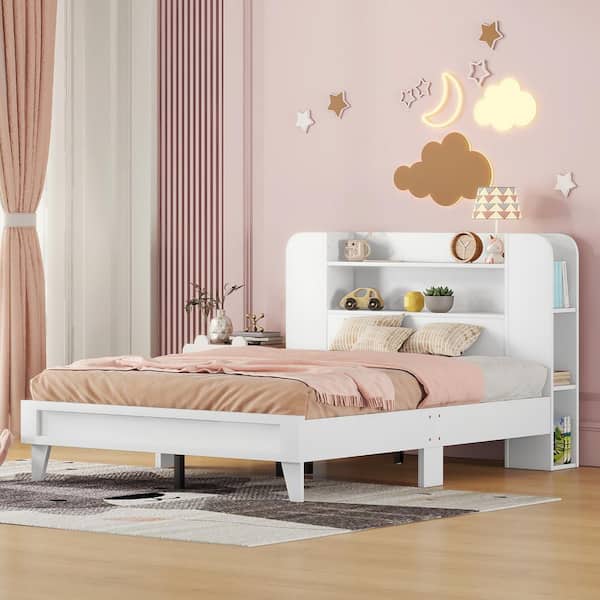 Harper & Bright Designs White Wood Frame Full Size Platform Bed with ...