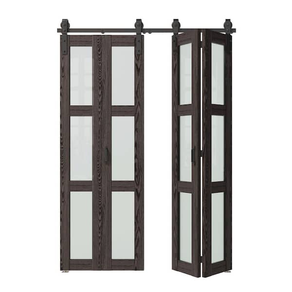60 in. x 84 in. Dark Brown, Finished, MDF, Frosted Glass Bi-Fold Style, 3-Lite Glass Sliding Barn Door with Hardware Kit