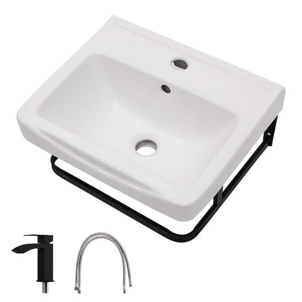 17 in. Rectangular Ceramic Wall Mount Bathroom Sink in White with Black Towel Rack and Faucet