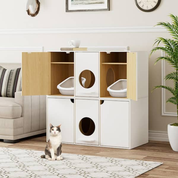 FUFU GAGA Cat Litter Box Enclosure Furniture for 2 Cats Modern Wooden Large Cat Washroom with Double Room and Litter Catch White YLM AMKF180121 01