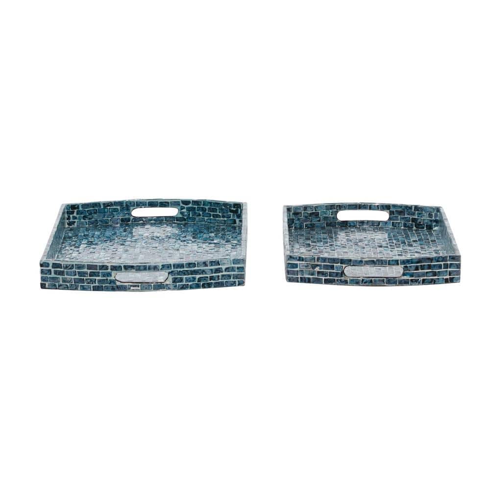 Blue Mosaic Wood Rectangular Decorative Tray Set, 2-Piece