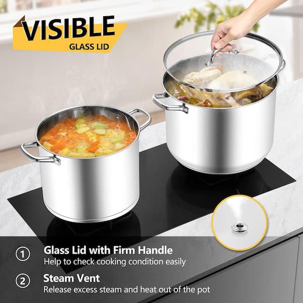 14 Quart Stainless Steel Stock Pot with Glass Lid, Tri-ply Heavy