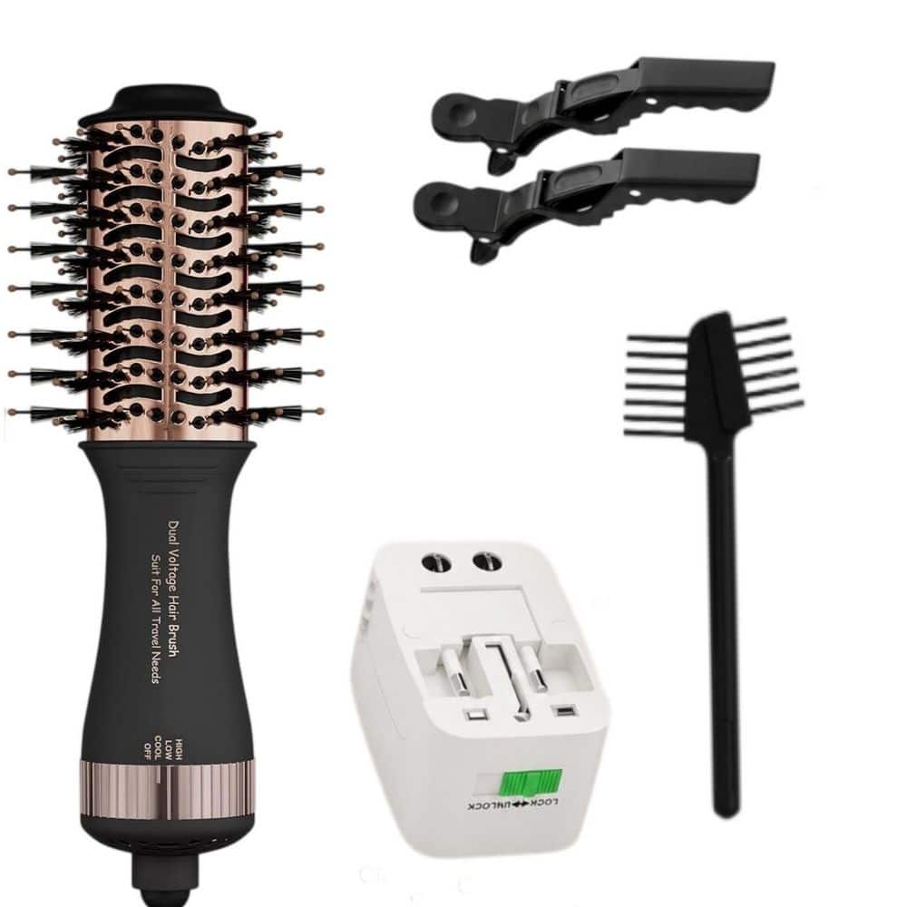 4-in-1 Black and Rose Gold 2 in. Mini Travel Dual Voltage Hair Dryer Brush Blow Dryer Brush in One with EU and UK Plug