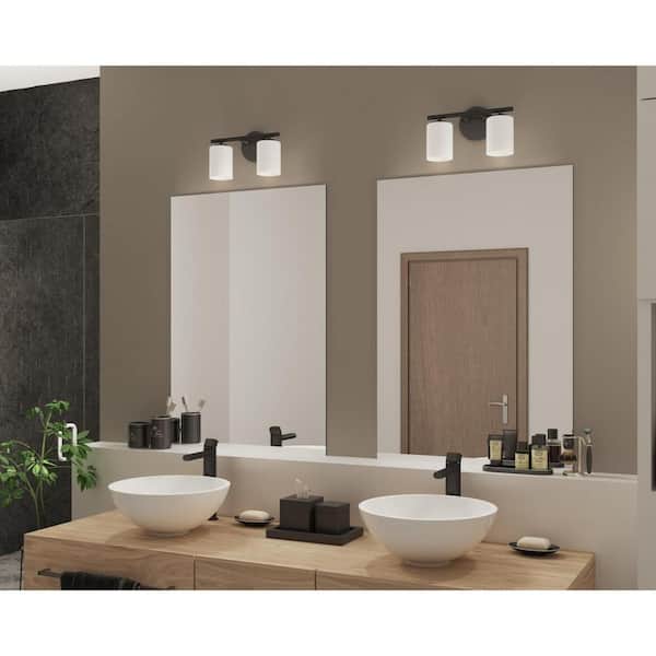 Replay Collection 13 in. 2-Light Black Etched Glass Modern Bathroom Vanity Light