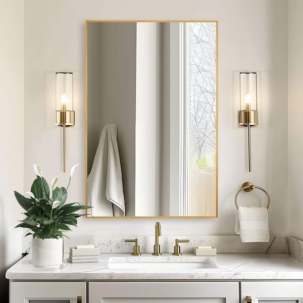 24 in. W x 36 in. H Rectangular Metal Framed Bathroom Wall Mirror in Gold