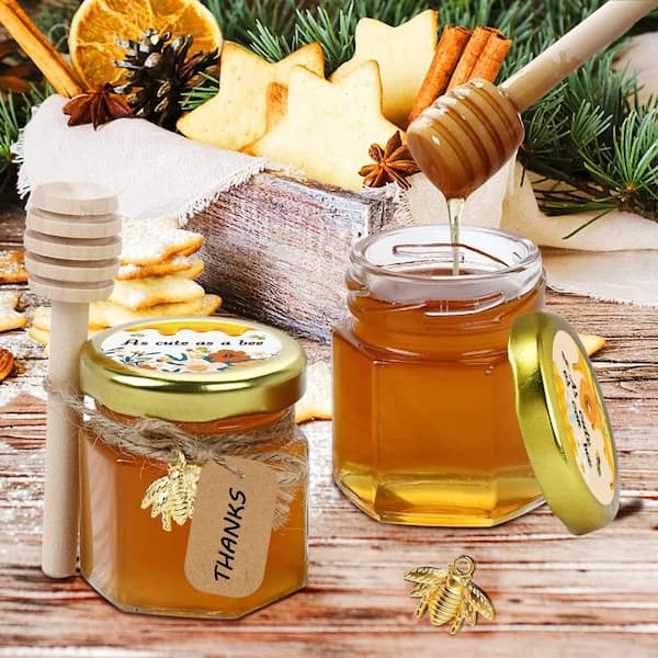 48-Pack 1.5 oz. Hexagon Glass Honey Jars with Dippers, Lids, Stickers, Bee Charms and Jute, Mini Party Favors in Bulk