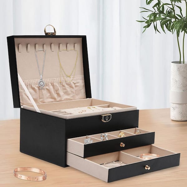 YIYIBYUS 9 in. x 5.3 in. 3-Layer Black Jewelry Organizer Box PU