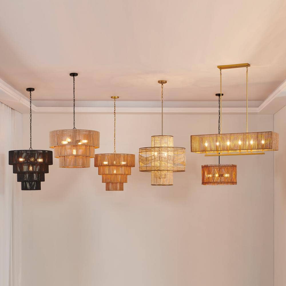 Distressed Gold 4-Tier Rattan Drum Pendant Light