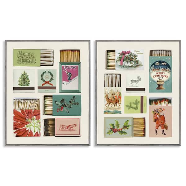 Festive Christmas Match Boxes by Victoria Barnes 2 Piece Gray Framed Giclee Nature Art Print 30 in. x 24 in.