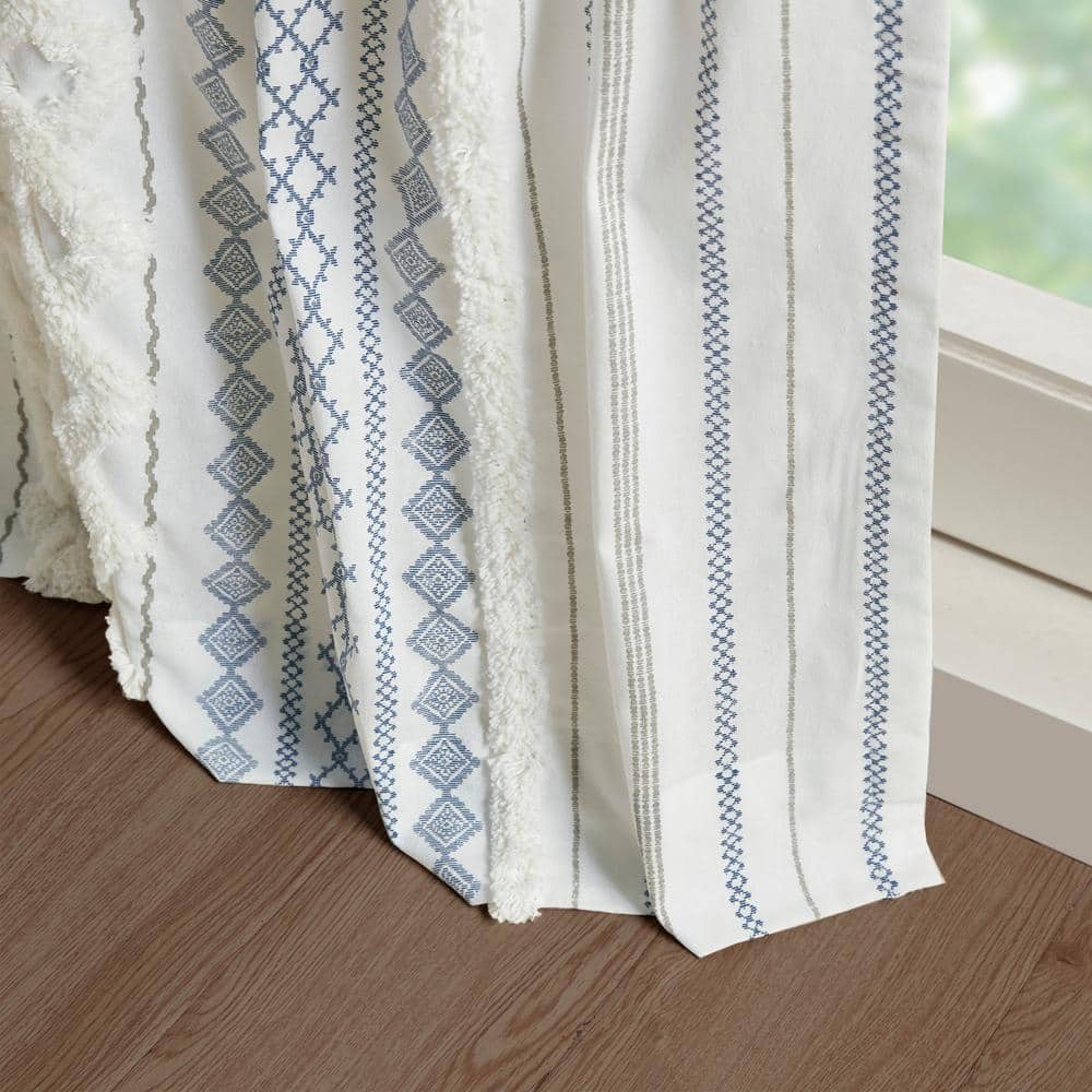 Ivory and Navy Cotton Chenille Stripe Light-Filtering Curtain Panel