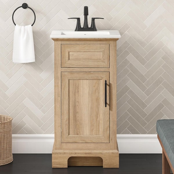 Doveton 18 in. Single Sink Compact Freestanding Bath Vanity in Weathered Tan with White Ceramic Top (Assembled)
