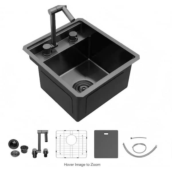 15 in. Undermount Single Bowl 16-Gauge Gunmetal Black Stainless Steel Hidden Utility Kitchen Bar Sink w/Folding Faucet