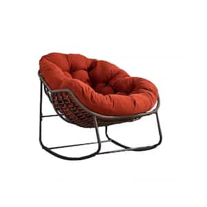 1-Piece Metal Rattan Outdoor Rocking Chair Rocker Recliner Chair with Orange Cushion