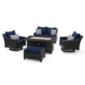 Deco 5-Piece Wicker Motion Patio Fire Pit Conversation Set with Sunbrella Navy Blue Cushions