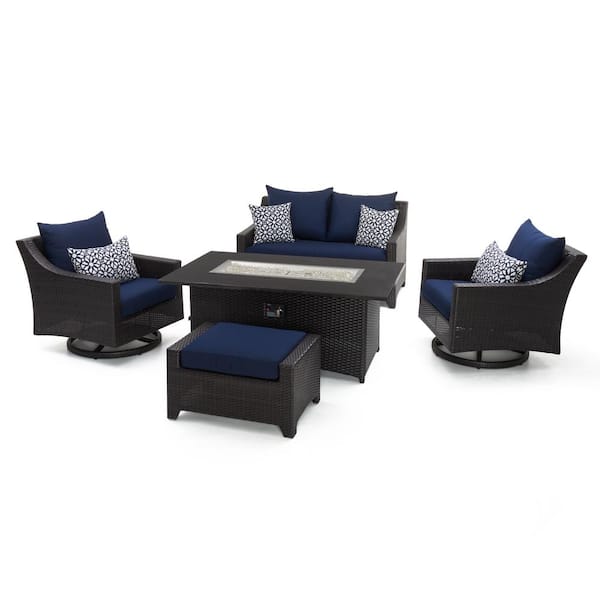 Rst Brands Deco Motion 5 Piece Wicker, Outdoor Furniture With Navy Blue Cushions
