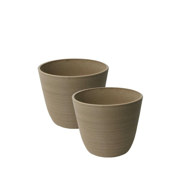 Algreen PRODUCTS Valencia 14 in. Dia x 11 in. Taupe Plastic Ribbed Round Curve Planters (2-Pack)