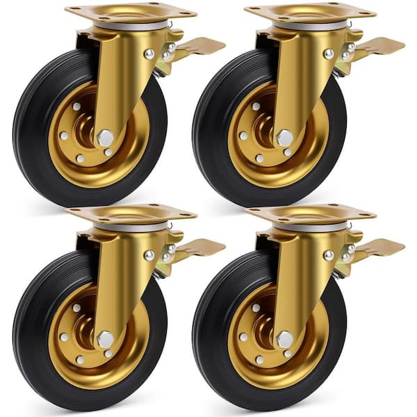 4-Pack Industrial Series 8 in. Black Hard Rubber Swivel Caster Wheels with Brake, Iron Core, 3200 lb. Load