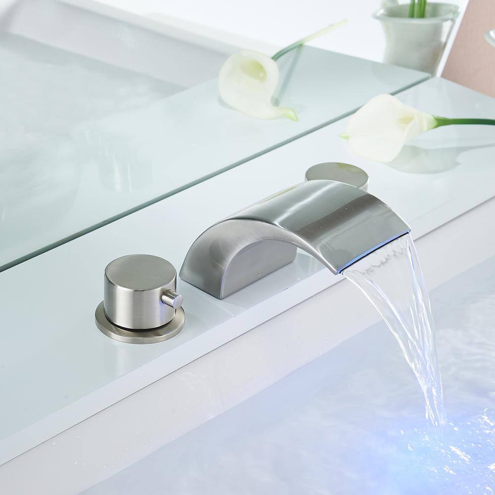 Brushed Nickel LED Waterfall Widespread Bathroom Faucet