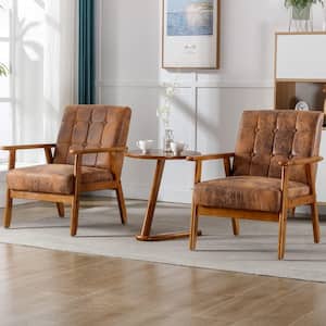 Modern Brown 3-Pieces Faux Leather Upholstered Accent Chairs Set of 2 with Round Side Table Wood Armchairs Side Chair