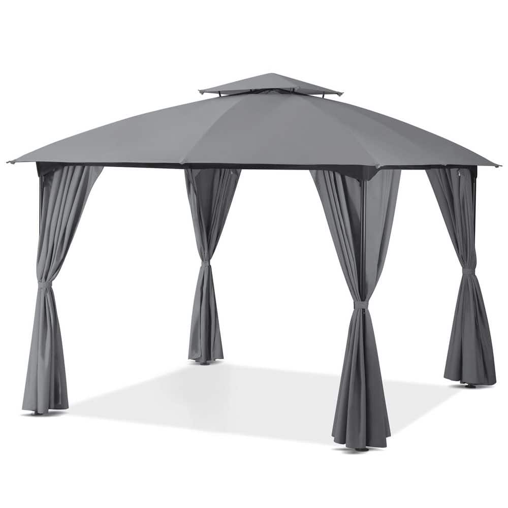 10x10 Gray Steel Patio Gazebo with Privacy Curtains
