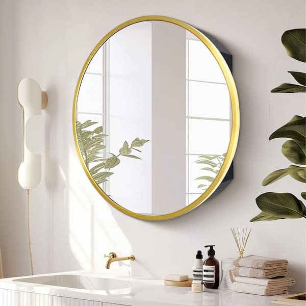 FAMYYT 24 in. W x 24 in. H Round Gold Metal Framed Surface Medicine Cabinet with Mirror