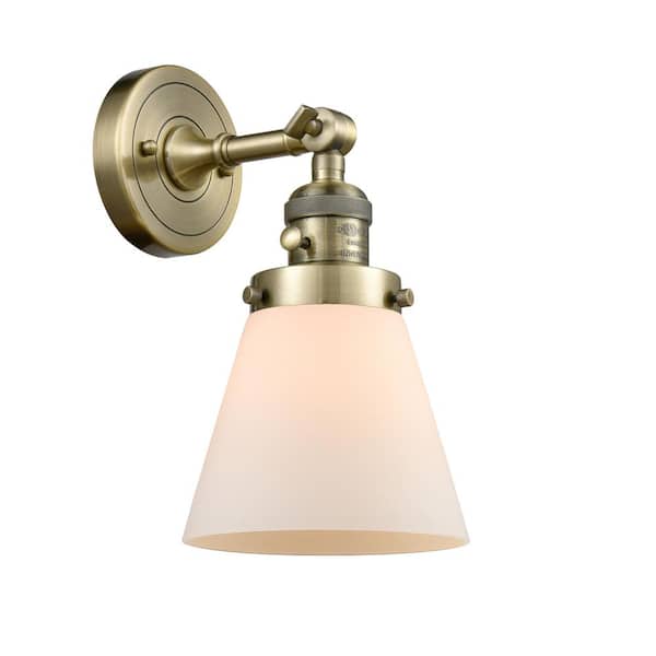 Cone 1-Light Matte White, Antique Brass Wall Sconce with White Glass Shade