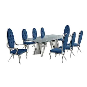 Becky 9-Piece Rectangular Glass Top with Stainless Steel Base Table Set with 6-Navy Blue Velvet Chairs and 2-Arm Chairs