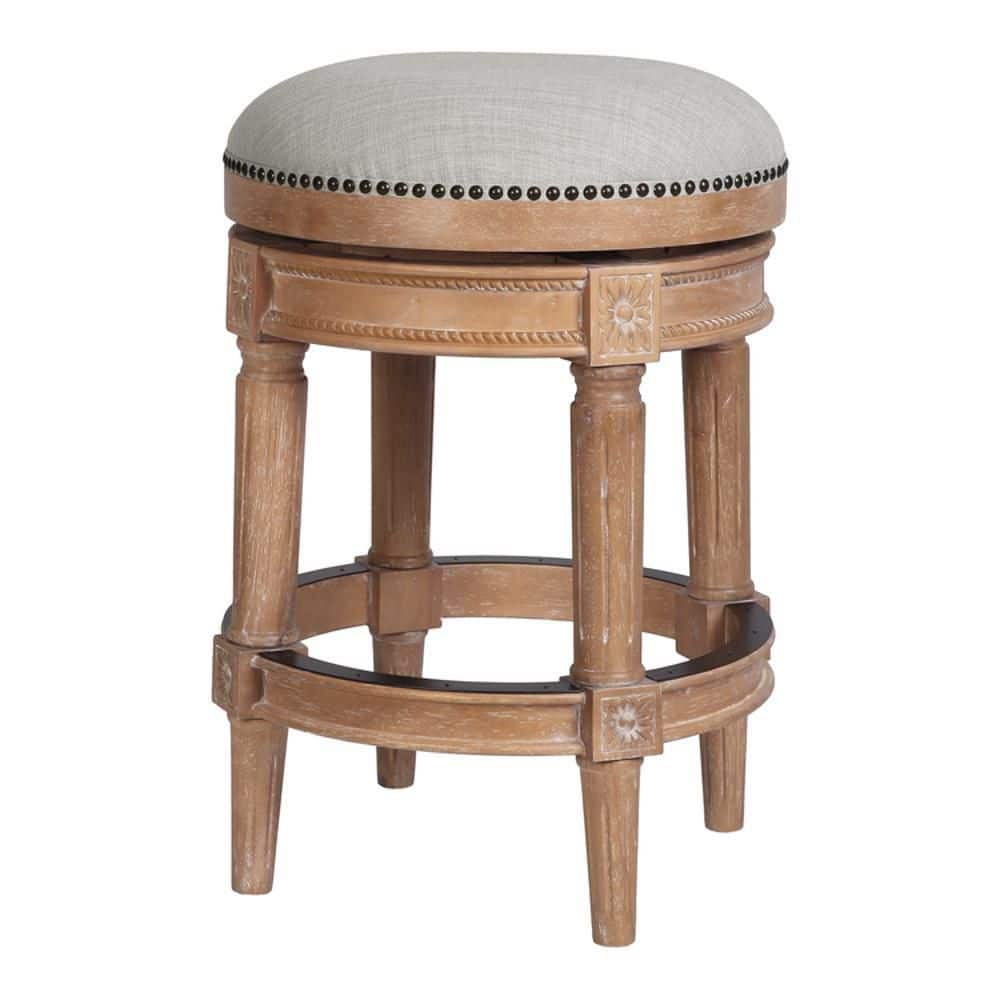 Weathered Natural Oak Backless Swivel Bar Stool with Gray Upholstered Seat