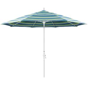 11 ft. White Aluminum Pole Market Fiberglass Collar Tilt Crank Lift Outdoor Patio Umbrella in Seville Seaside Sunbrella