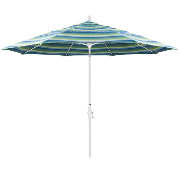 California Umbrella 11 ft. White Aluminum Pole Market Fiberglass Collar Tilt Crank Lift Outdoor Patio Umbrella in Seville Seaside Sunbrella