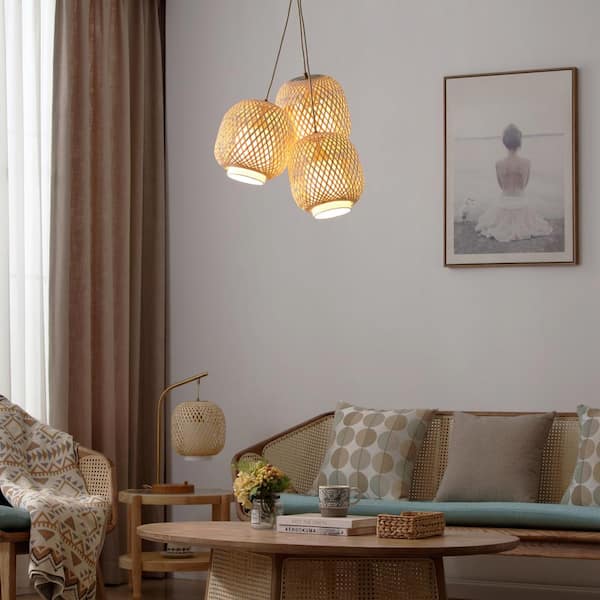 FOS - 3-Light 60 Watt Bohemian Pendant Light with Woven Bamboo Shade and Brushed Brass Accents