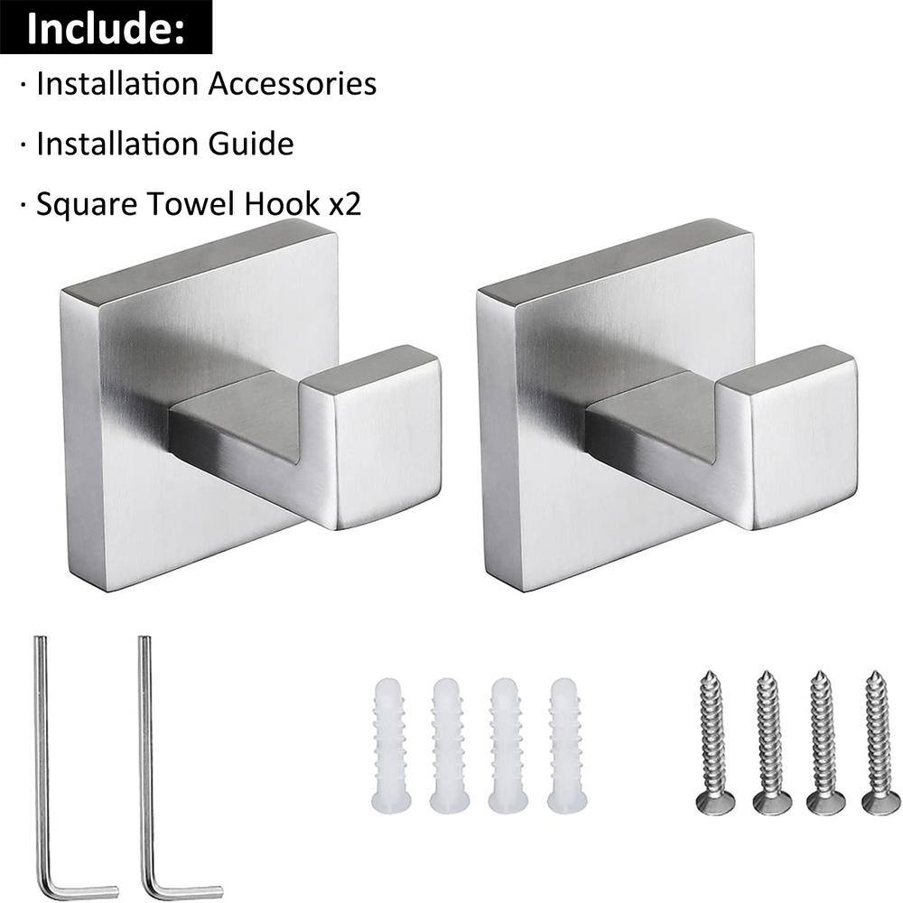 Brushed Nickel Stainless Steel Square J-Hook Towel and Robe Hooks
