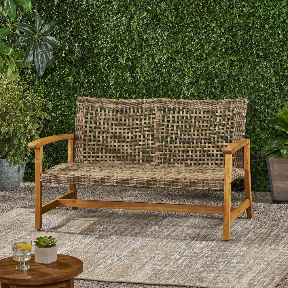 Natural Acacia Wood and Gray Wicker Handwoven Loveseat