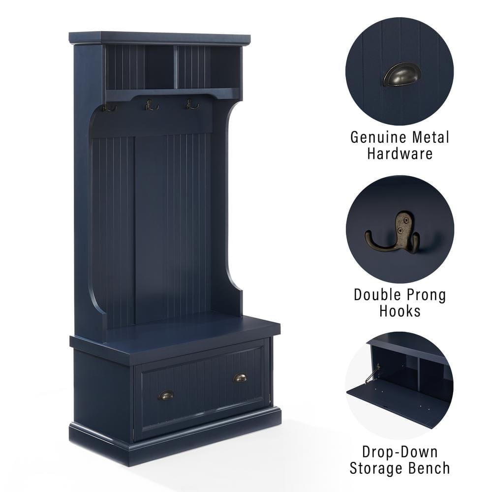 Navy Beadboard Hall Tree with Storage and Hooks