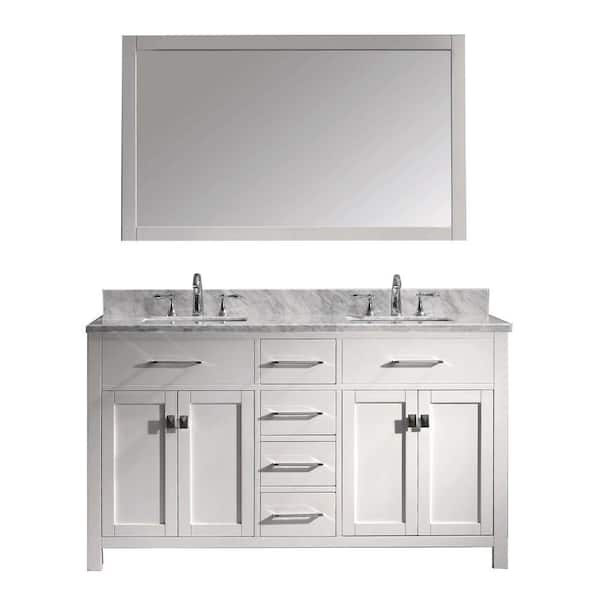 Virtu USA - Caroline 60 in. W Bath Vanity in White with Marble Vanity Top in White with Square Basin and Mirror