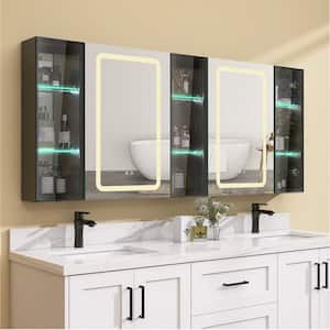70 in. W x 30 in. H Defogging Large Rectangular Black Aluminum Surface Mount LED Bathroom Medicine Cabinet with Mirror