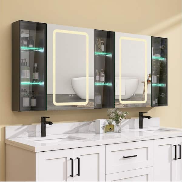 NTQ 70 in. W x 30 in. H Defogging Large Rectangular Black Aluminum Surface Mount LED Bathroom Medicine Cabinet with Mirror