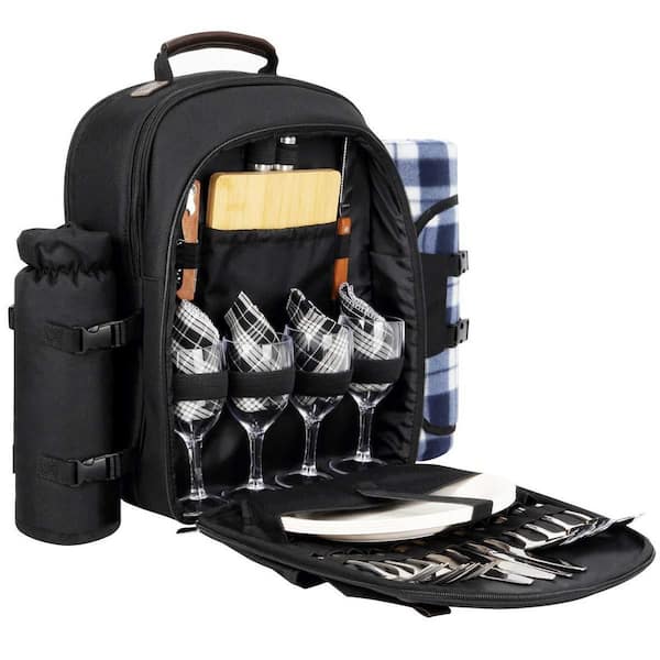 Fabric Picnic Backpack Set, with Insulated Cooler Compartment, Stainless Steel Tableware for 4 Person Camping in Black