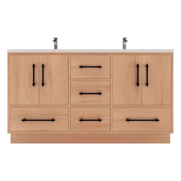 Victoria 59 in. W x 20 in. D x 35 in. H Double Sink Freestanding Bath Vanity in Red Oak with White Acrylic Top