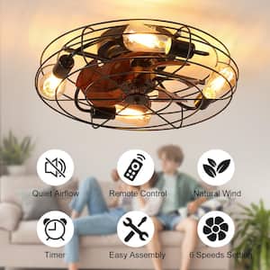 4-Light 19.7 in. W Indoor Light Caged Ceiling Fan Light, 6 Speed, Remote, Quiet DC Motor, Included 5 Bulbs, E26, Black