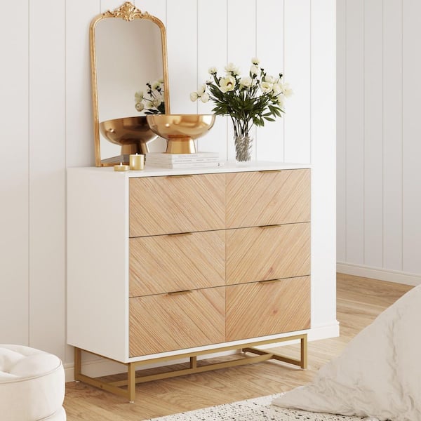 Nathan James Enloe Natural Wash 3-Drawer 37 in. Bohemian Dresser with Herringbone Accent, Wood Veneer Finish, Metal Legs and Handles