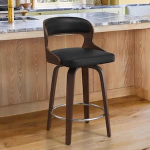 Edwards 26 in.Modern Black Faux Leather Swivel Bar Stool with Solid Walnut Wood Frame Bentwood Counter Stool