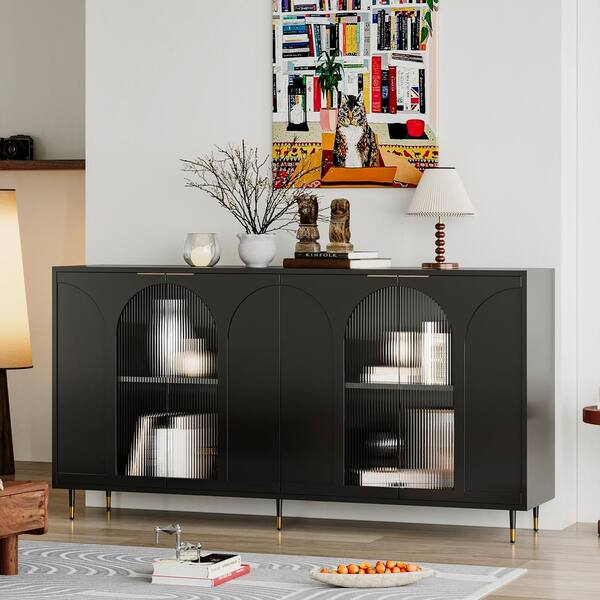FUNKOL 15.75-in W x 59.84-in D x 33.46-in H in Black Lacquered Wooden Ready to Assemble Floor Kitchen Cabinet with Storage