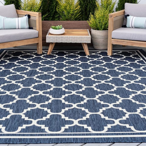 Eco Geometric Navy 9 ft. x 12 ft. Indoor/Outdoor Area Rug