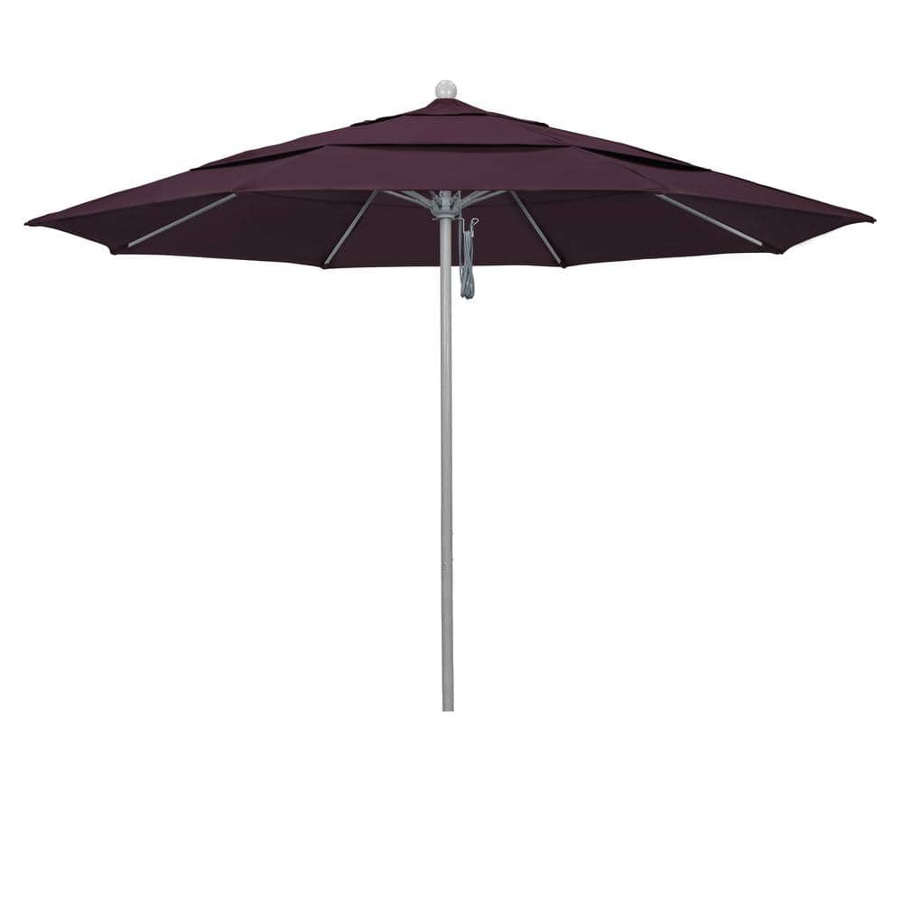 California Umbrella 11 ft. Gray Woodgrain Aluminum Commercial Market Patio Umbrella Fiberglass Ribs and Pulley Lift in Purple Pacifica