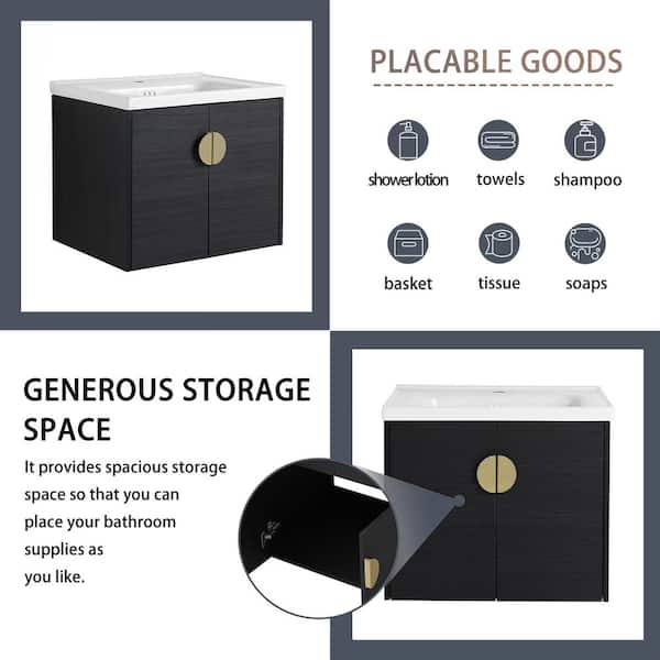 59.60 in. W Floating Wall-Mounted Bath Vanity in Black with White Ceramic Top