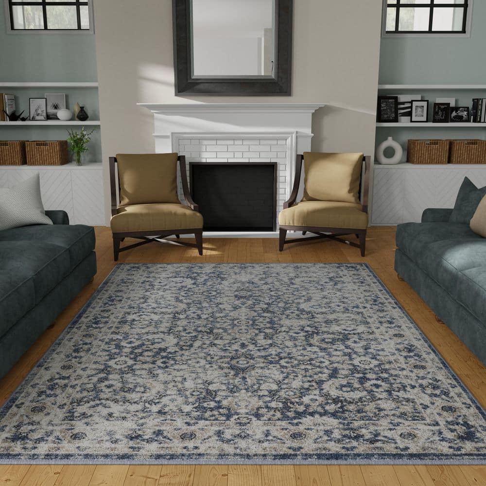 Rectangular 9' x 12' Blue Floral Synthetic Area Rug