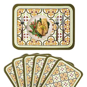 17.7 in. x 11.8 in. Leather Heat Resistant Placemats for Indoor and Outdoor, Green Floral Design, Set of 6